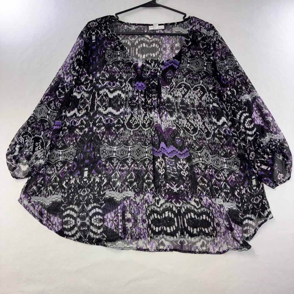 557 Boho Fashion Bug Blouse 1X Purple Ikat Print Sheer Peasant Top